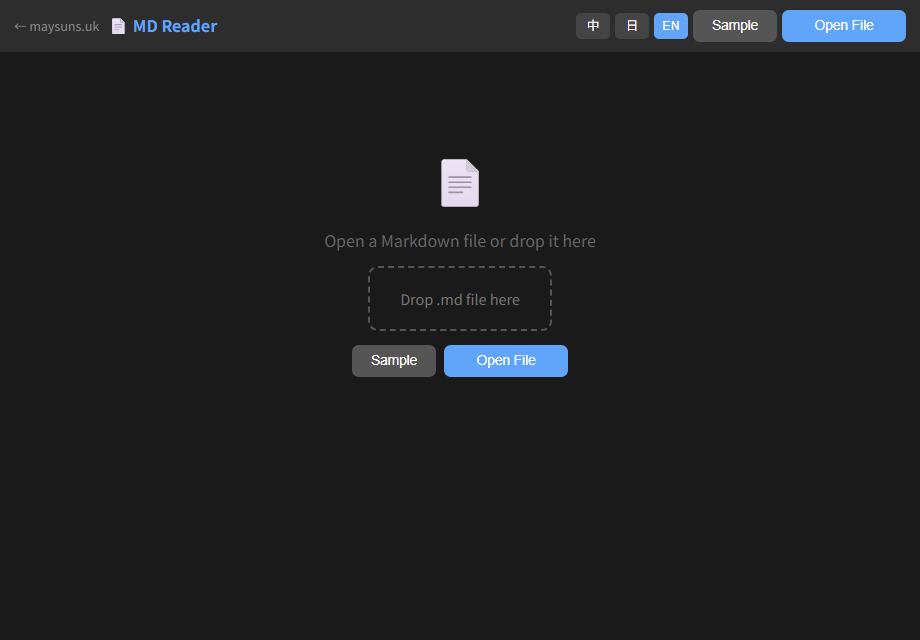 MD Reader when you first open it — an empty drop zone that says 'Open a Markdown file or drop it here'
